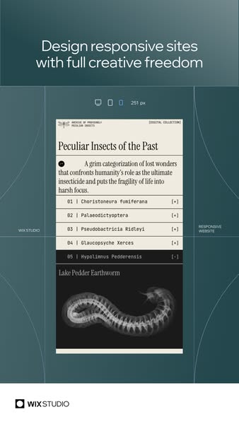 Wix Studio ad showing a mobile website mockup for a fictional insect archive with the headline design responsive sites with full creative freedom