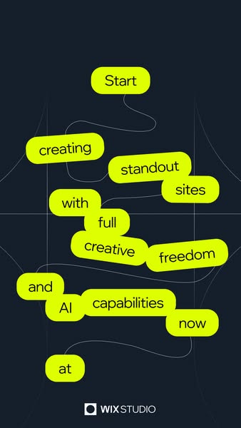 Wix Studio ad showing scattered word bubbles spelling out start creating standout sites with full creative freedom and AI capabilities