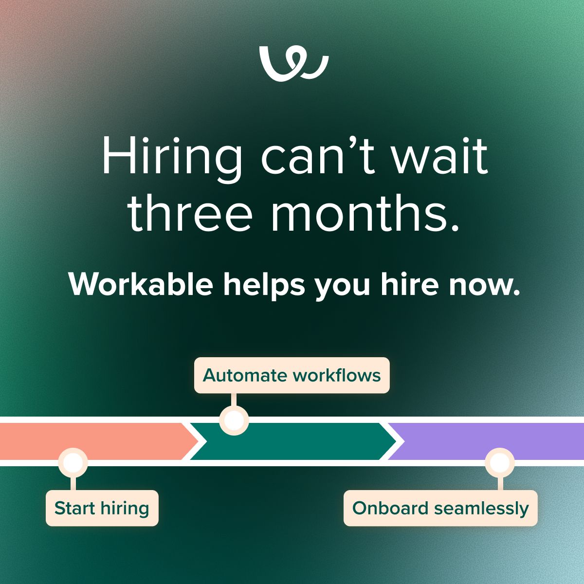 Workable ad with the headline hiring cant wait three months and a three step timeline for start hiring automate workflows and onboard seamlessly