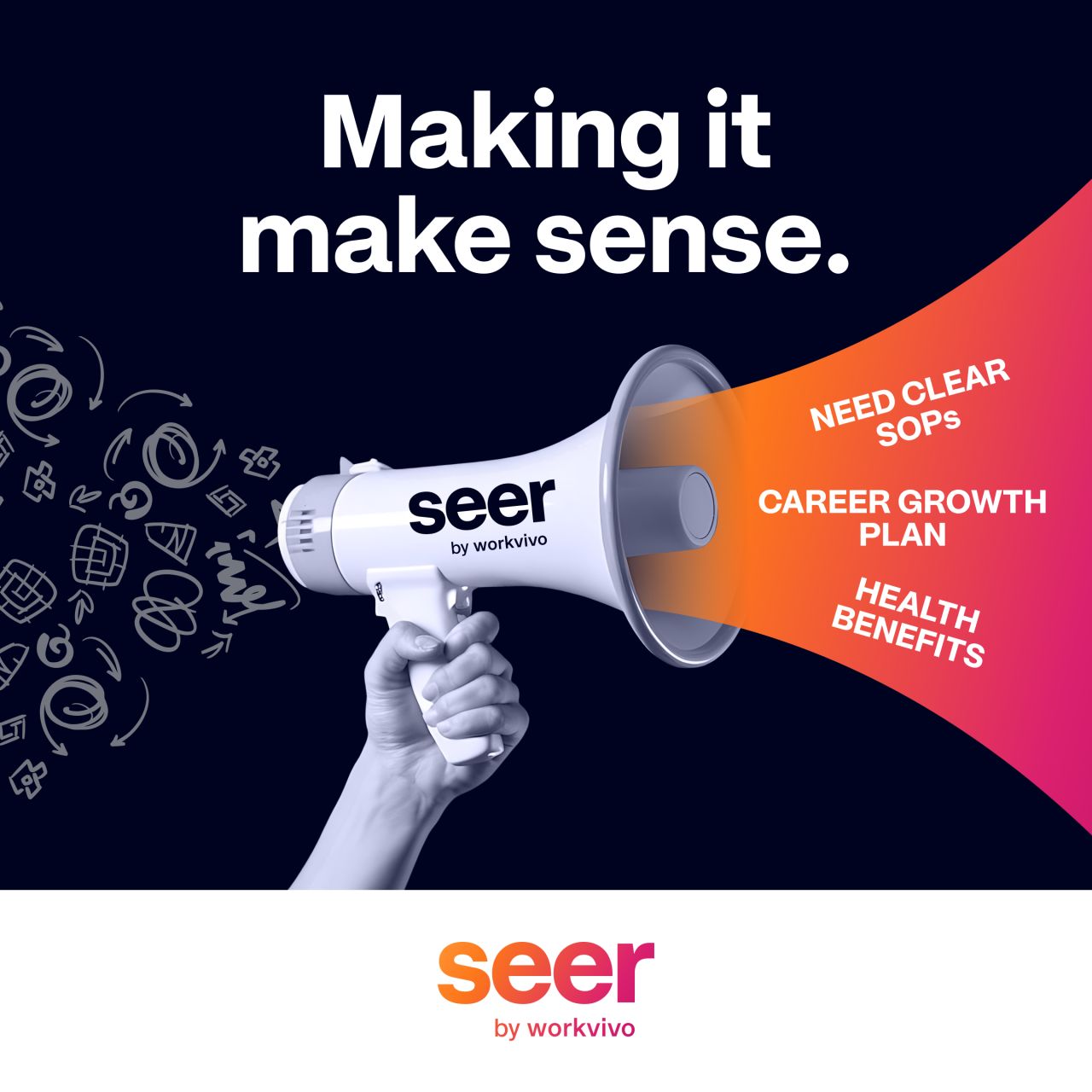 Seer by Workvivo ad showing a hand holding a megaphone amplifying the phrases need clear SOPs, career growth plan, and health benefits with the headline making it make sense