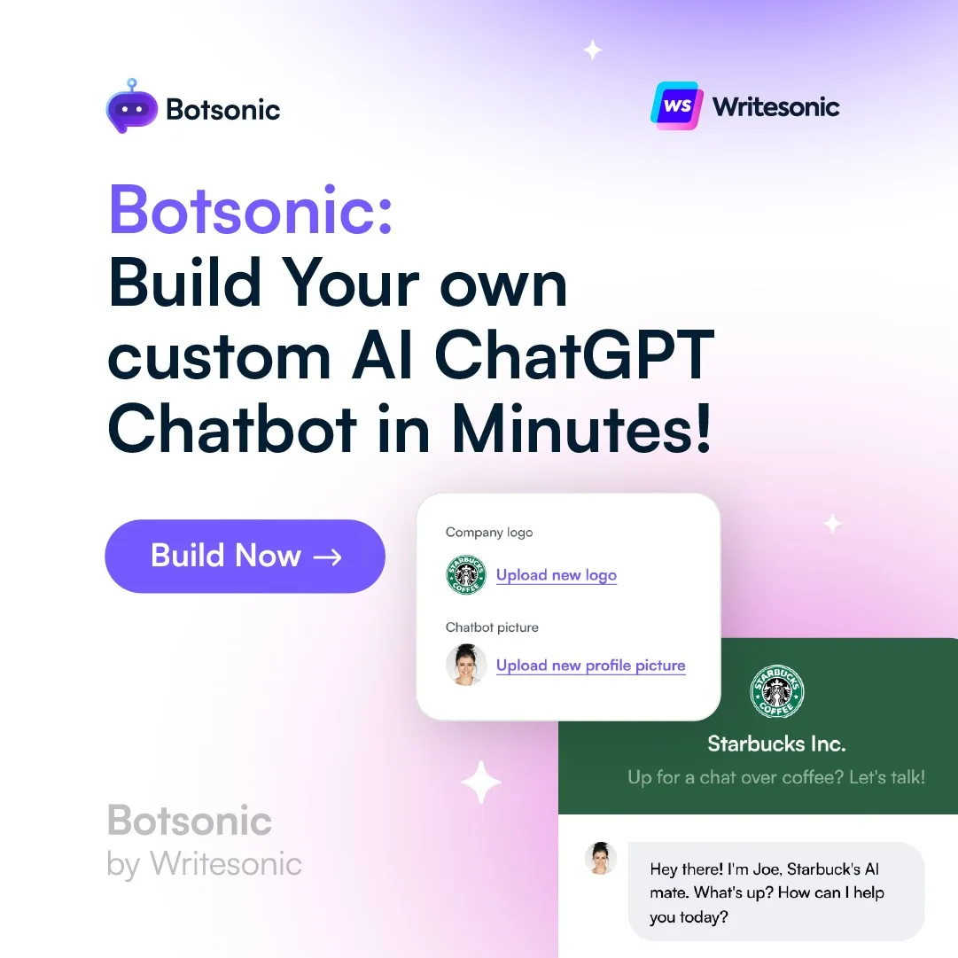 Facebook and Instagram ad by Writesonic promoting no code GPT chatbots with Botsonic